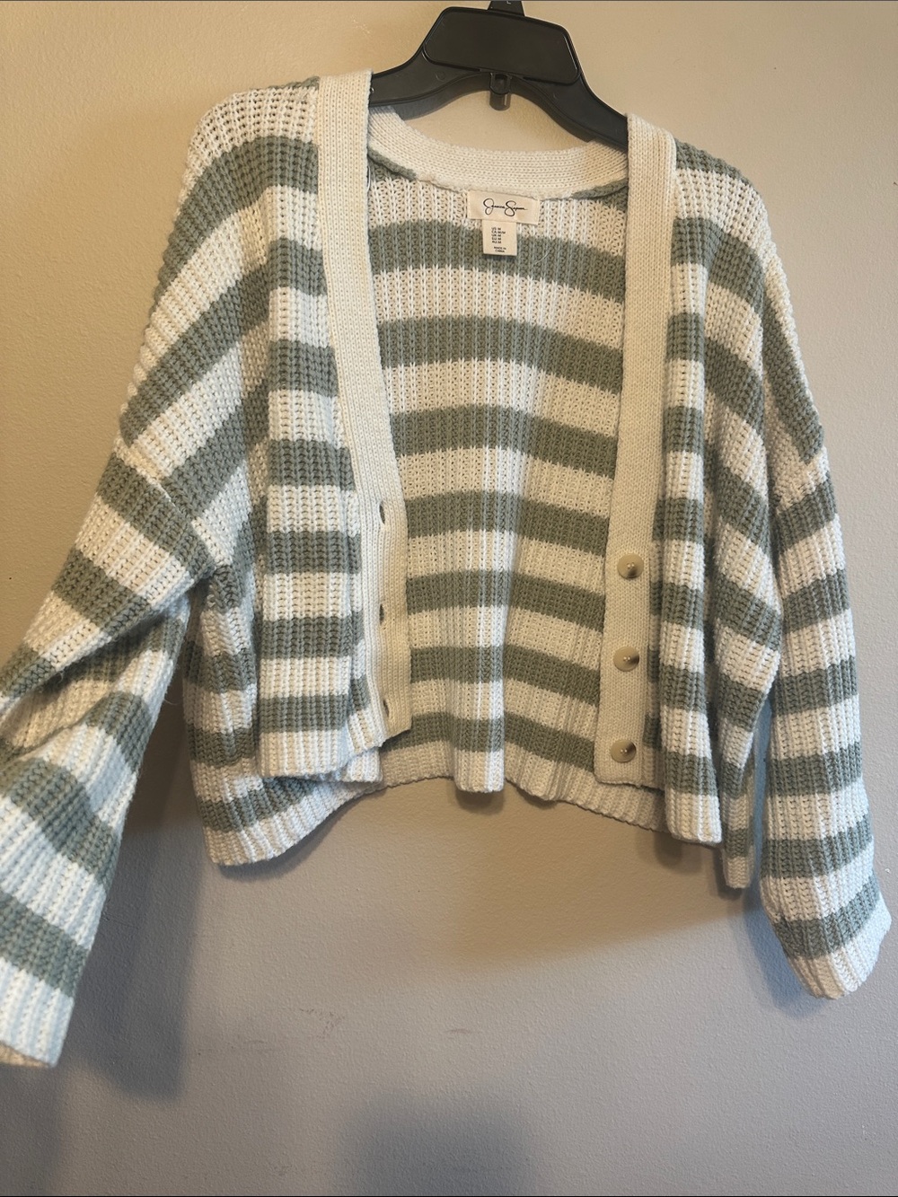 Striped Cropped Button-Front Sweater Cardigan - Cream & Sage